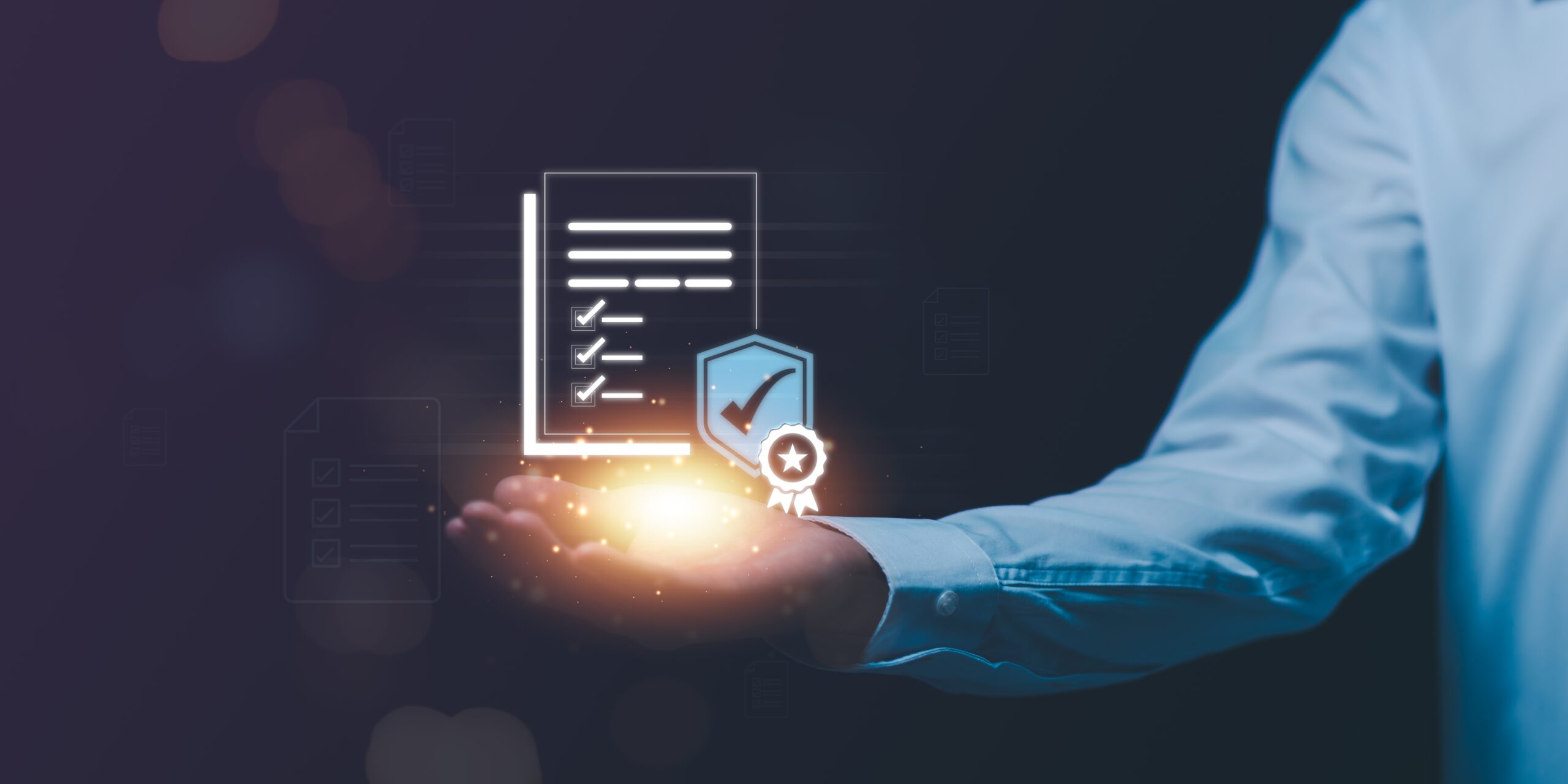 Hand holding a glowing digital interface showing a certified document and quality assurance shield, symbolizing secure integrated registry management services